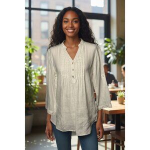 MALVIN I Love 100% Linen Top Blouse Womens S White V-Neck Button Front Pintuck